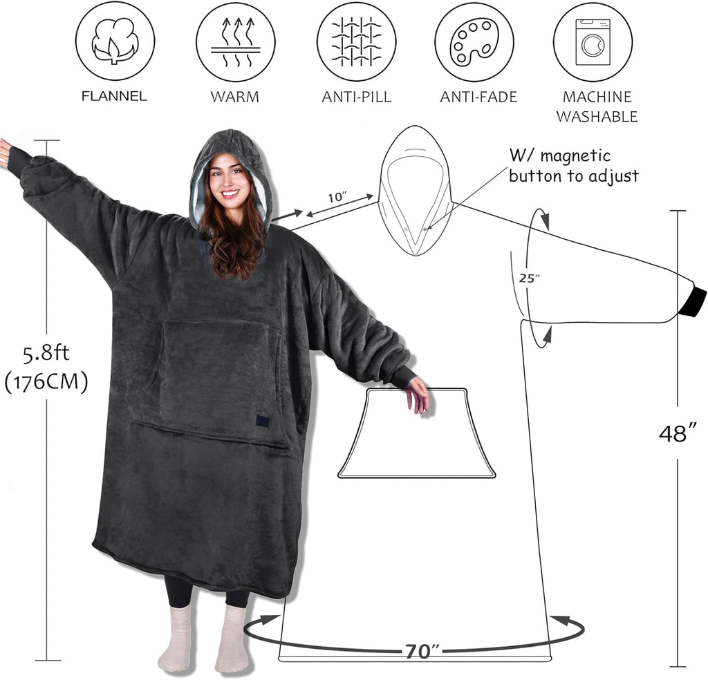 Cozy Up with Tirrinia Extra Long Oversized Sherpa Hoodie Blanket - Perfect Christmas Gift for Men, Women, and Teens in Grey!