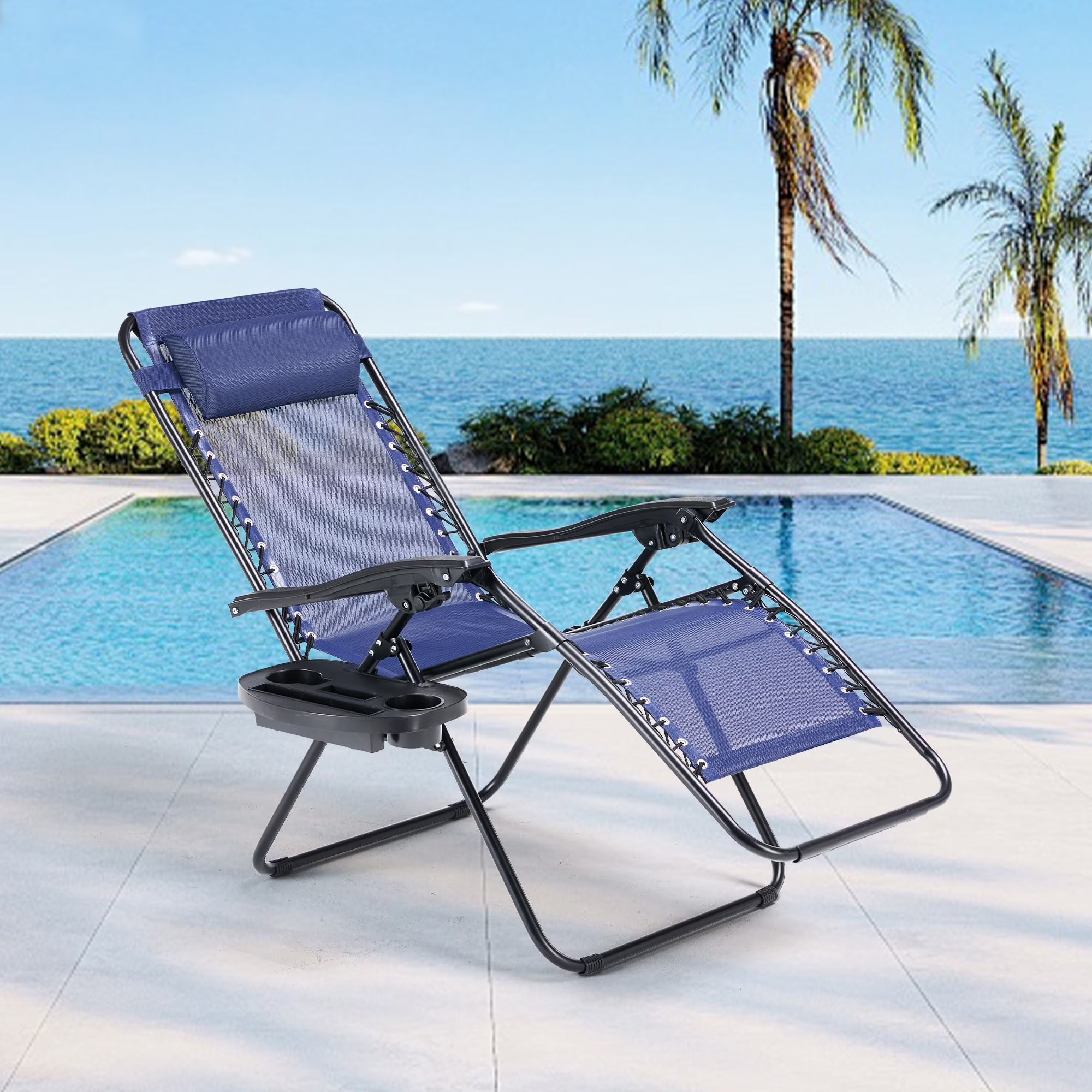 2PCS Zero Gravity Patio Recliner, Textilene Folding Lounge with Adjustable Pillow & Cup Tray, Blue