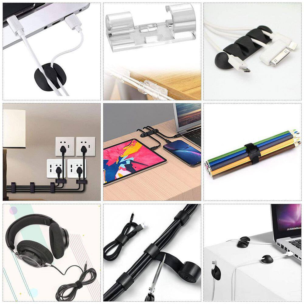Cord Management Organizer Kit 4 Cable Sleeve Split 41 Self Adhesive Clips Holder 10-Piece 2 Roll Self-Tie 100 Ties Black