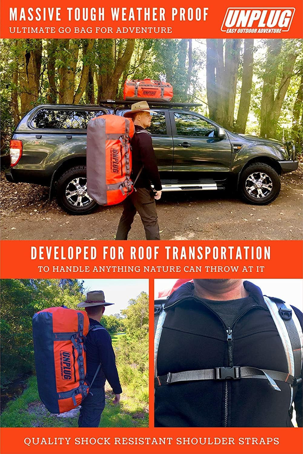 UNPLUG Ultimate Adventure | 1680D Heavy Duty Waterproof Bag | Large Travel Bag Which Can Be Used for Camping, Motorcycling, Boating, or Hunting| 65L Adventure Orange