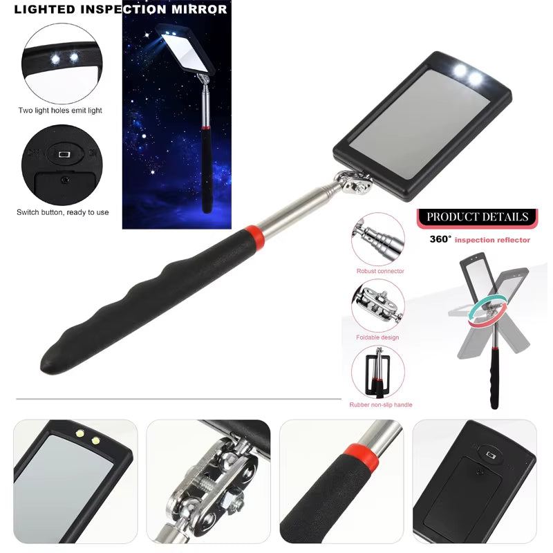 360° Inspection Mirror LED Light Extend Telescopic Inspection Work Mirror with Grip Handle Car Maintenance Repairing Pickuptools