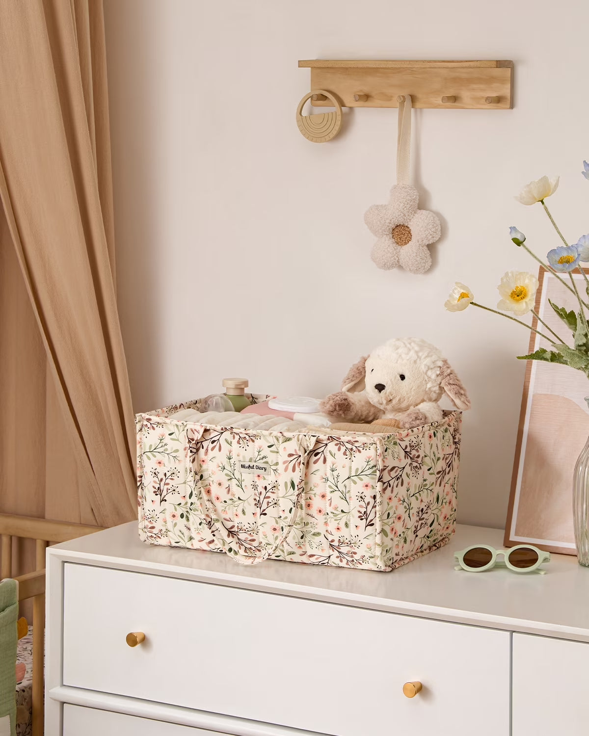 Blissful Diary Diaper Caddy Organizer,Baby Baskets for Baby Shower, Portable Nursery Changing Table Organizer, Diaper Bag, Infant Newborn Essentials Gift, Baby Registry Must Have, Botanical Floral