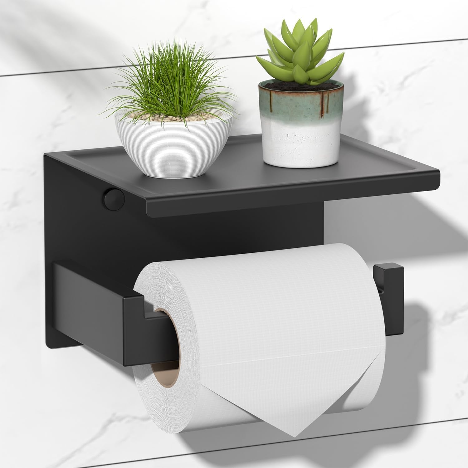 Sleek Matte Black Toilet Paper Holder with Shelf - Self-Adhesive or Wall-Mount for Stylish Bathrooms