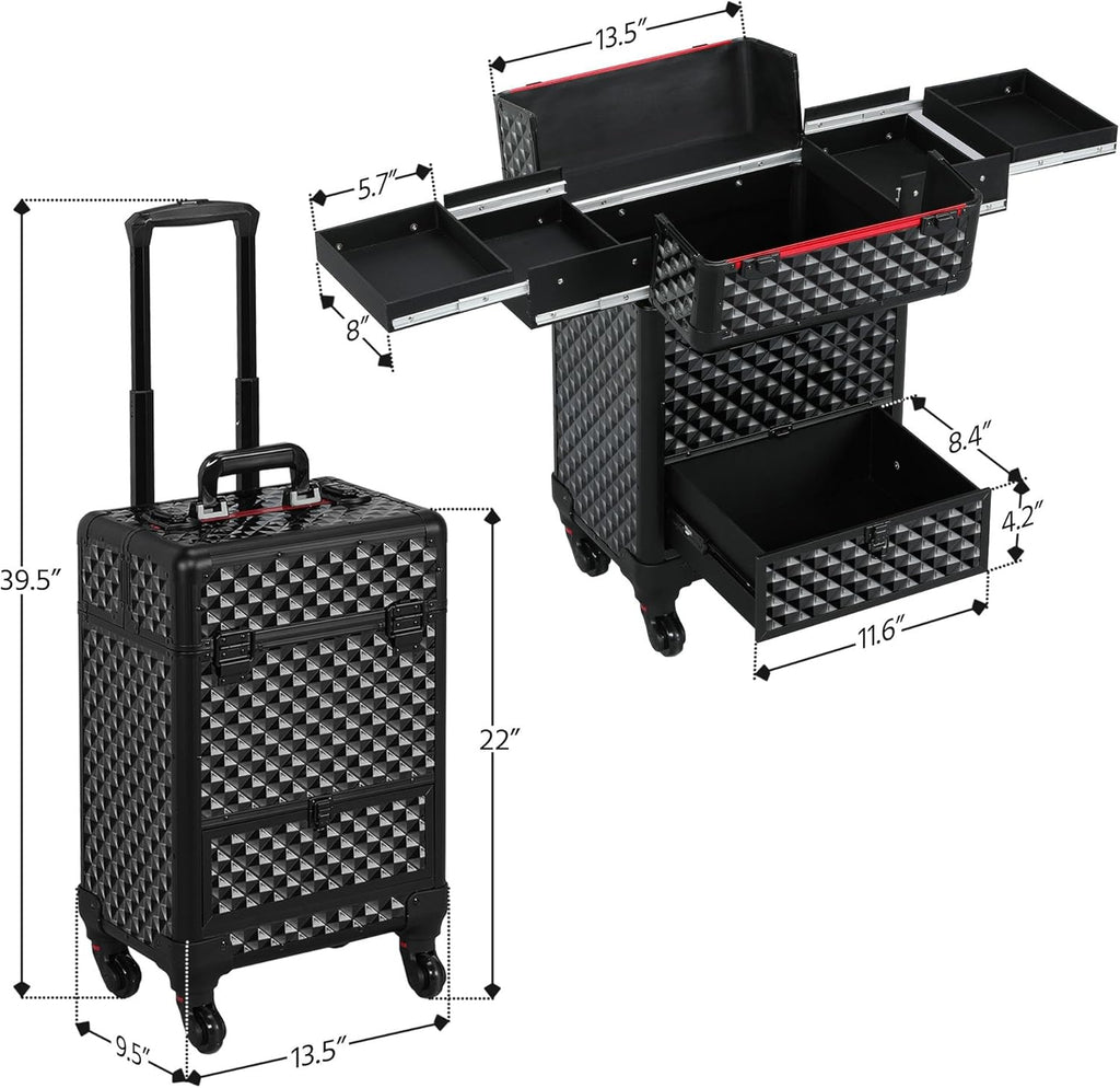 Yaheetech Rolling Makeup Train Case Aluminum Cosmetic Case with Wheels Barber Case Salon Lockable Travel Trolley with Sliding Drawers Removable Divider, Black/Red
