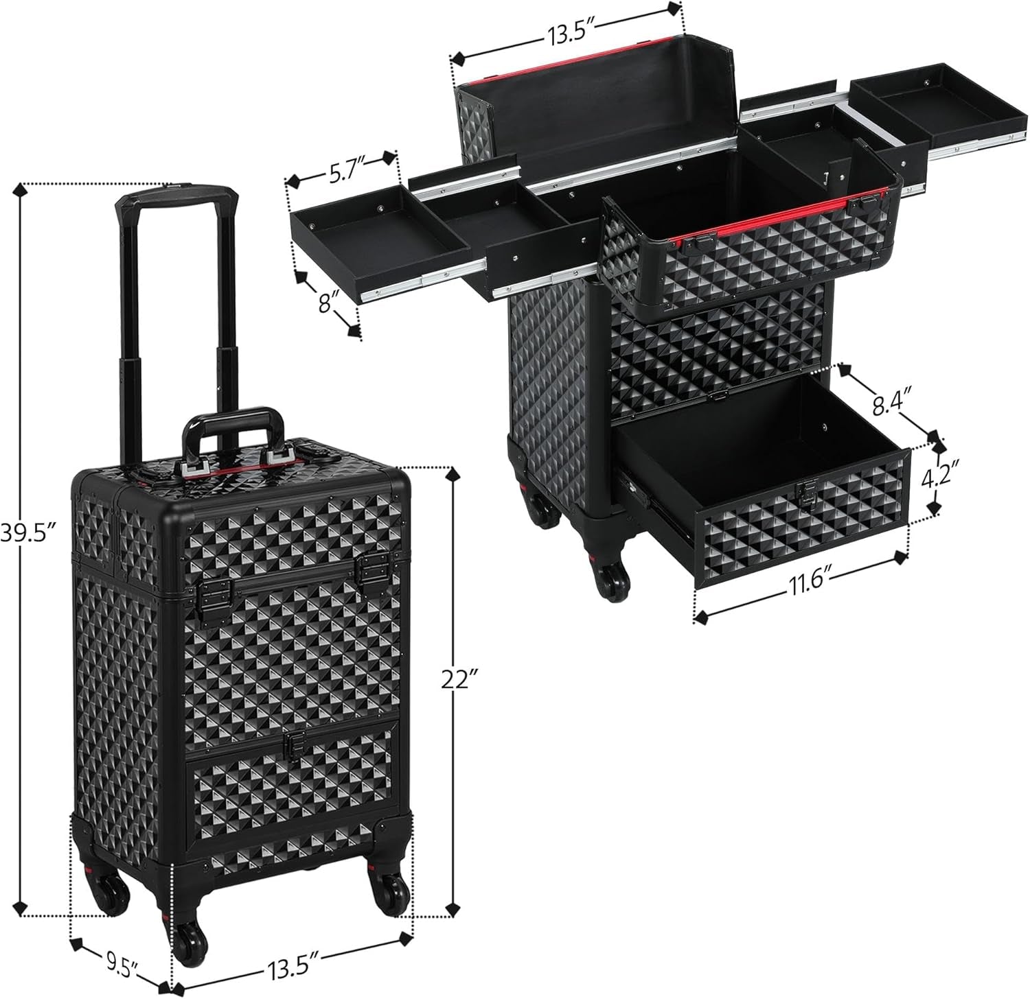 Yaheetech Rolling Makeup Train Case Aluminum Cosmetic Case with Wheels Barber Case Salon Lockable Travel Trolley with Sliding Drawers Removable Divider, Black/Red