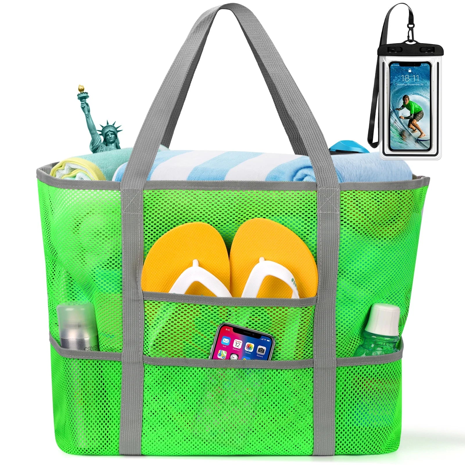 Livhil Mesh Beach Bag Rope Handles, Mesh Tote Bag for Women Contains Wicker Oversized Beach Tote Bag with 9 Small Pockets (Green)