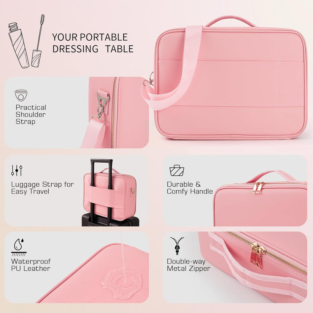 Large Capacity Makeup Bag with LED Mirror - Adjustable Brightness, Travel Organizer with Detachable Dividers & Shoulder Strap
