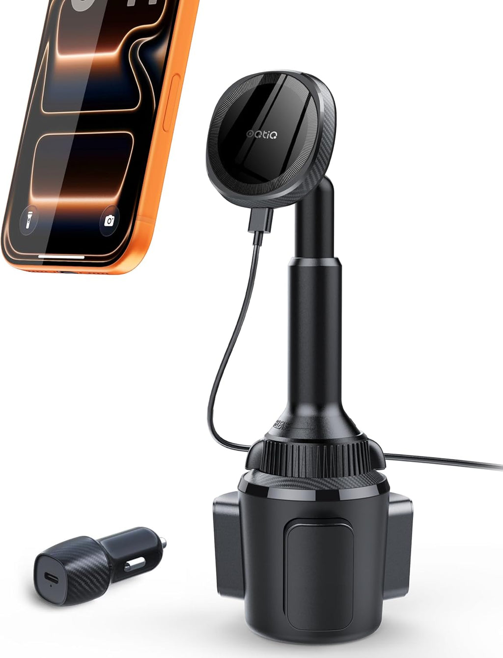 OQTIQ for Magsafe Wireless Car Charger Cup Holder Mount Compatible with Iphone 17/16/15/14/13/12, Magnetic Car Phone Mount 15W Fast Charging Telescopic Arm Heat Dissipation System, with PD 30W Adapter