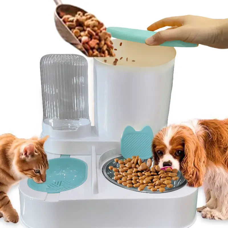 Automatic Pet Feeder and Water Dispenser with Integrated Round Plastic Bowl for Cat Food Storage