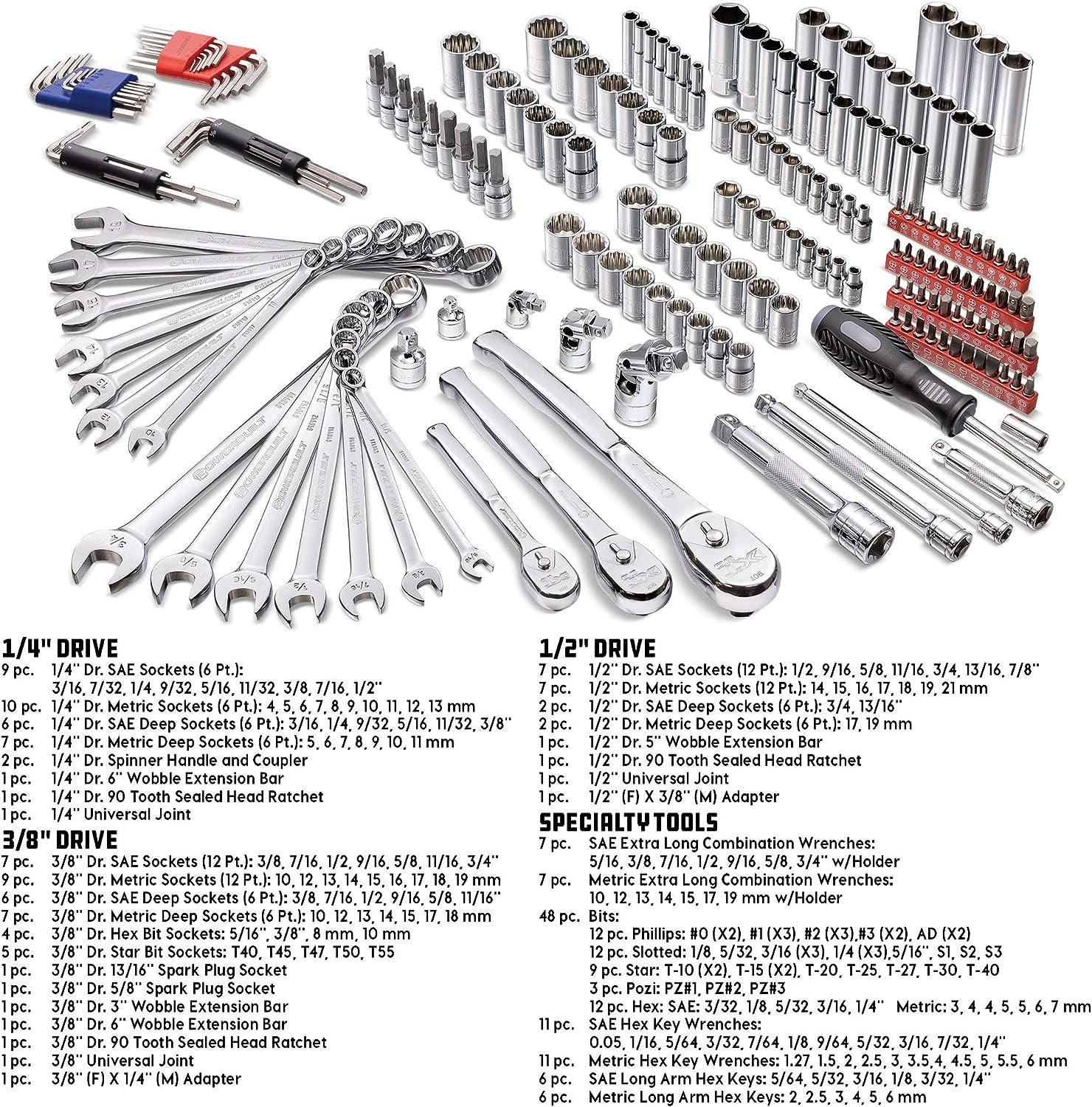 Ultimate 200-Piece Mechanics Tool Set - Includes SAE & Metric Sockets, Powerbuilt XT 90 Tooth Ratchets, and Durable Case!