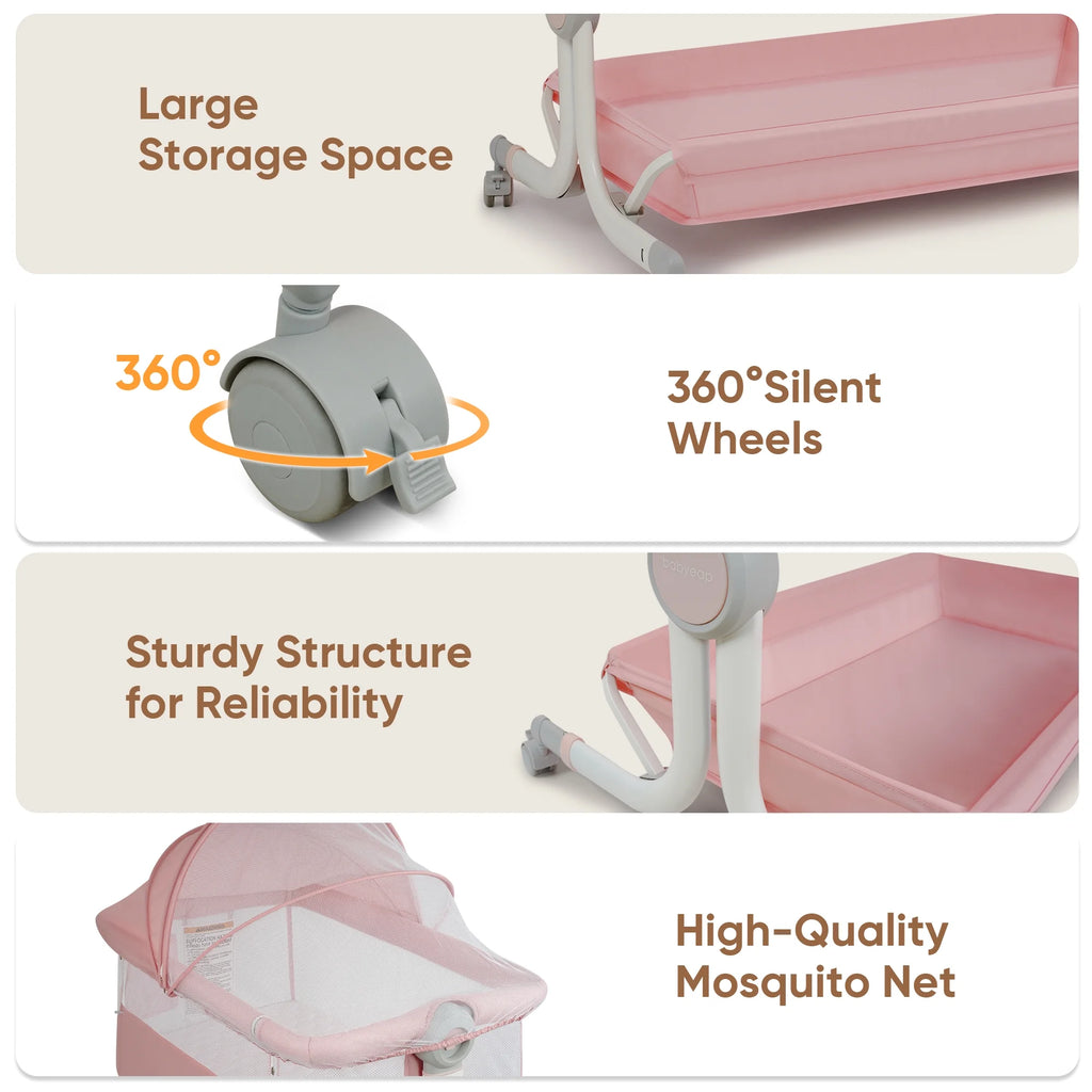 Babyeap 3 in 1 Baby Bassinet,Baby Basinet Bedside Sleeper,Standalone Baby Crib,6 Height Adjustable Portable Crib for Newborn,Pink