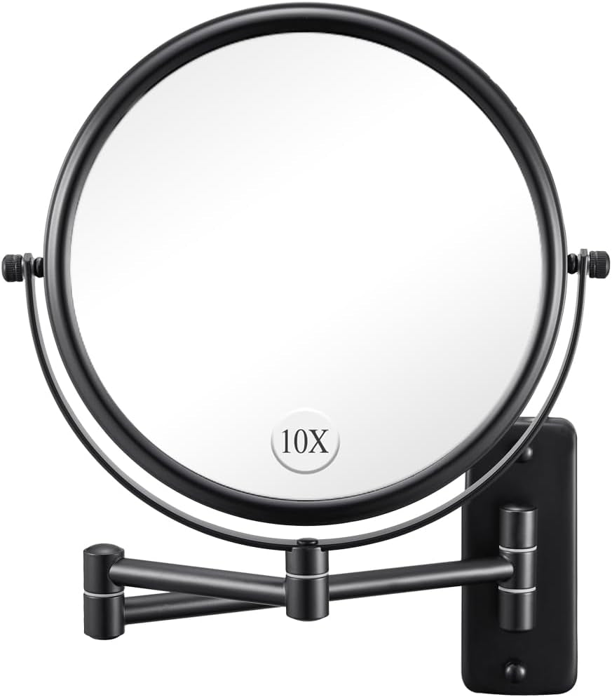 DECLUTTR Wall Mounted Lighted Makeup Mirror, 8" Rechargeable Double Sided 1X/10X Magnifying Mirror with Light, 3 Color Lights, Touch Dimmable, 360° Rotation Foldable Extended Arm, Black