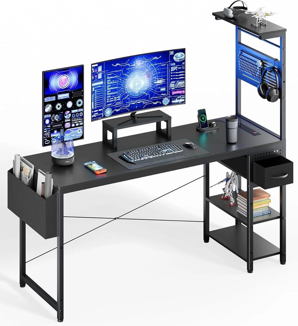 55" Gaming Desk with Adjustable Storage Rack & LED Lights, Power Outlets for Adult and Teen