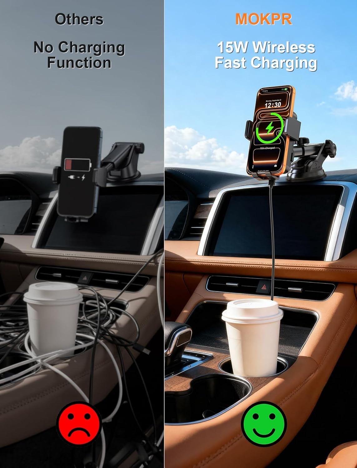 MOKPR Wireless Car Charger, Auto Clamping Car Charger Dash Windshield Air Vent Phone Holder Compatible with Iphone 17 16 15 14/13/13 Pro/12 Pro/12/11/X/8, Samsung S24/S23/S22