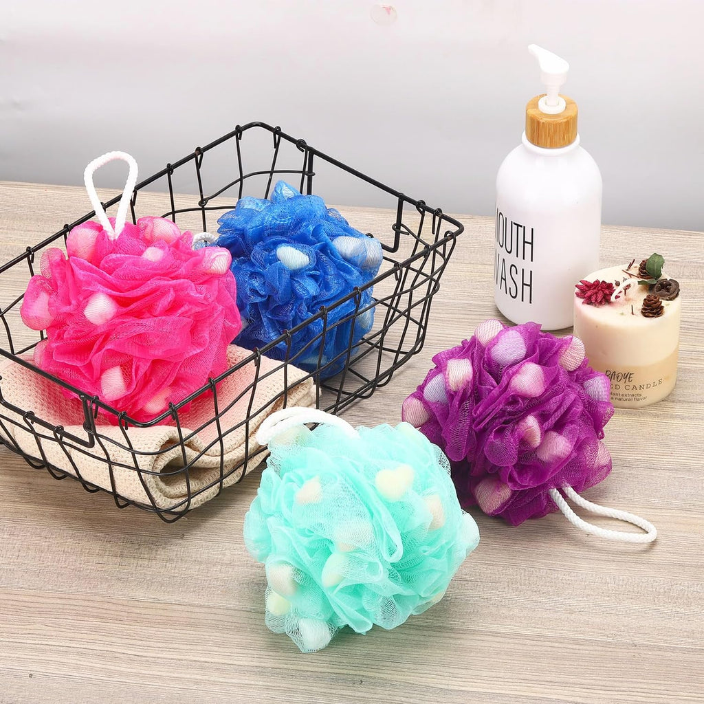BTYMS Premium Mesh Poufs - Exfoliating Bath Sponges & Shower Loofahs (Pack of 4) for Ultimate Body Wash Experience