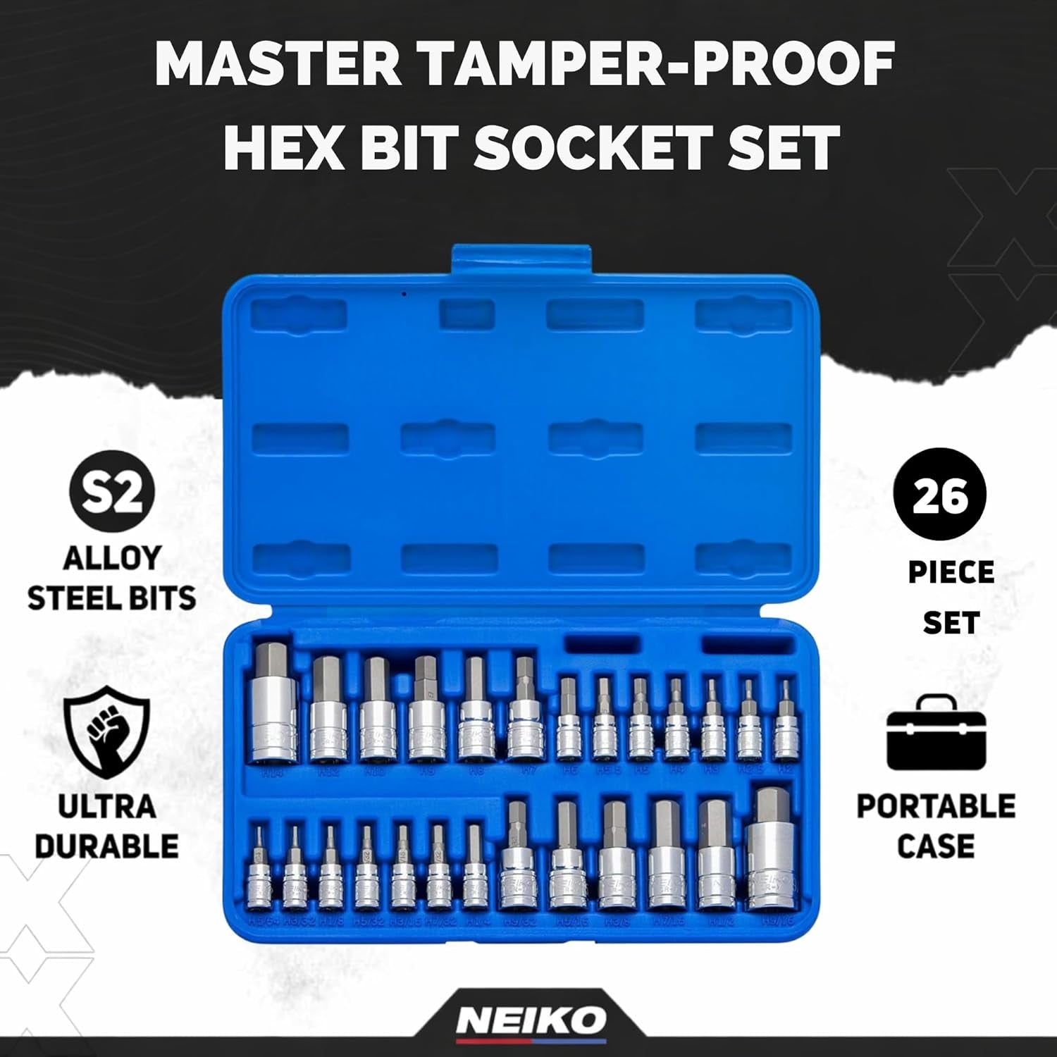 Neiko 01144A 26-Piece Tamper-Proof Hex Bit Socket Set - SAE & Metric Sizes for Ultimate Versatility