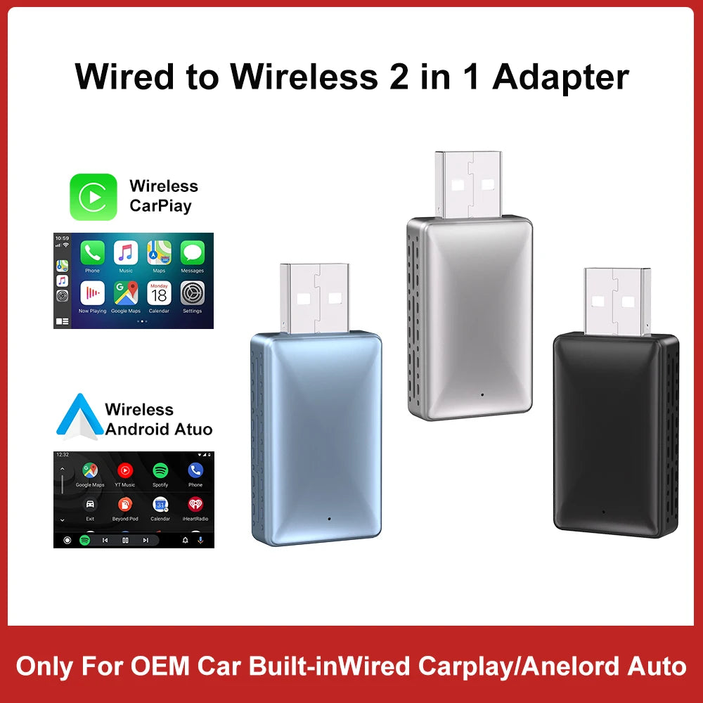2-In-1 New Wireless Carplay Adapter Wired to Wireless Dongle for Apple & Android Auto Plug and Play Universal Car Accessory