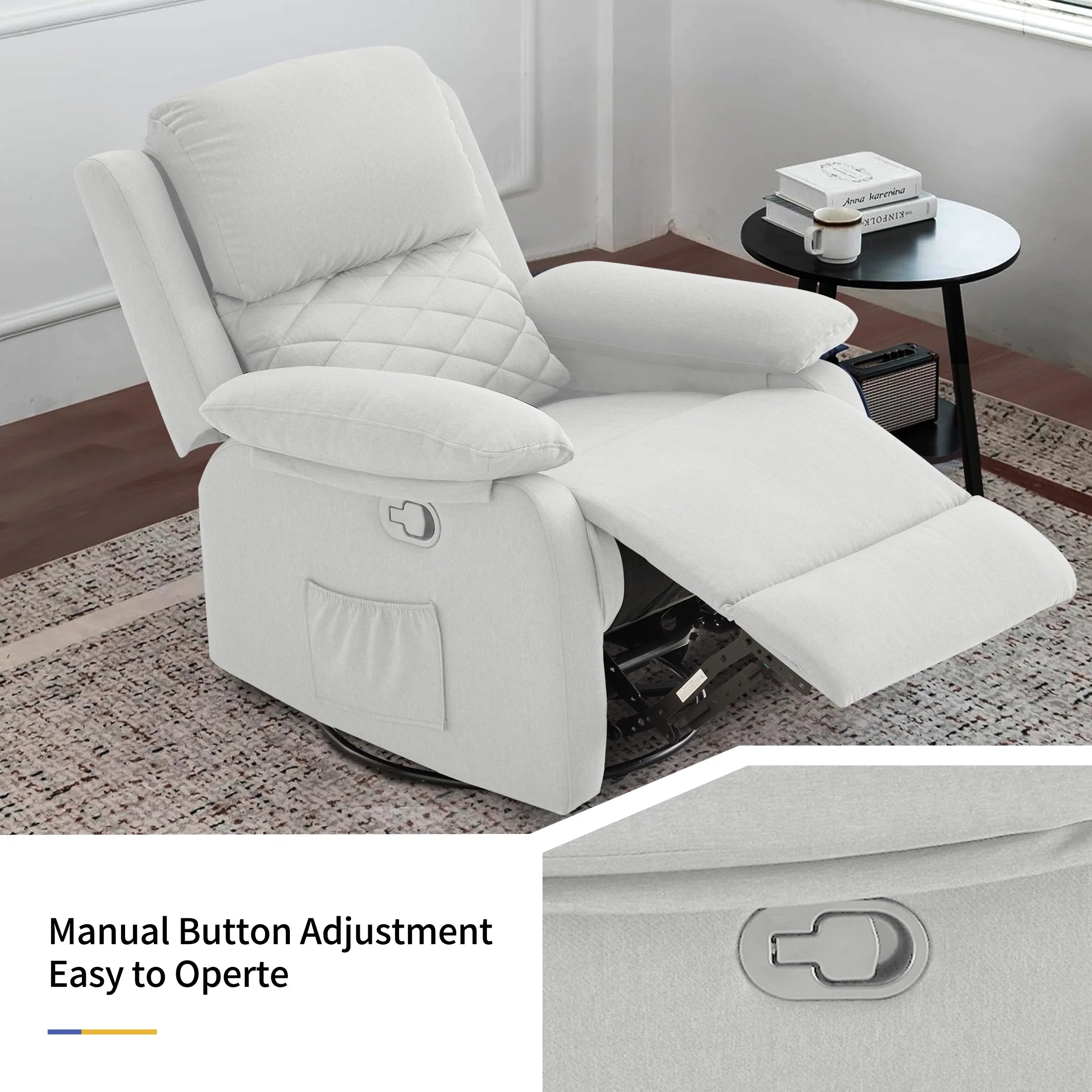 Gelloan 360° Swivel Recliner Chair, Small Rocker Chair for Small Spaces, Upholstered Fabric Glider Recliner Nursery Chair with Side Pockets,White