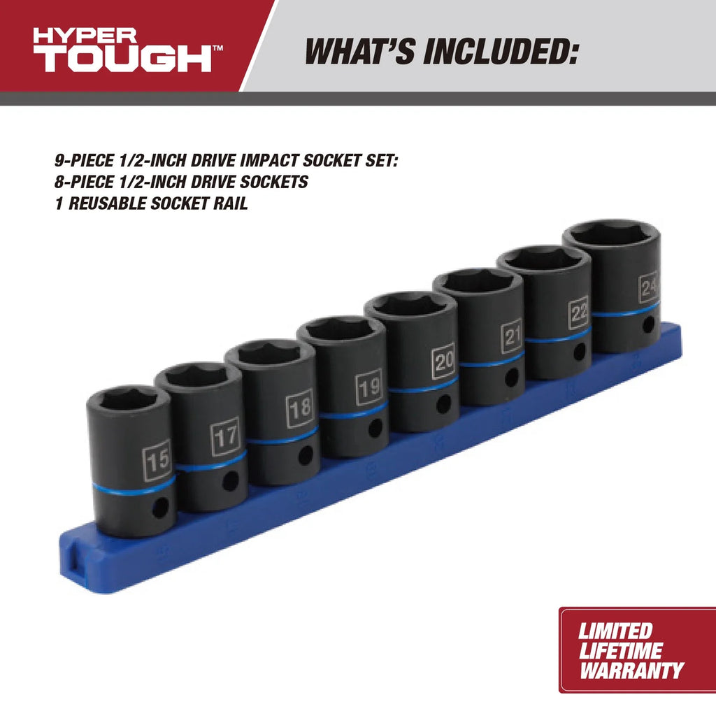 Hyper Tough 9-Piece 1/2-Inch Drive Metric Impact Socket Set (Mm)