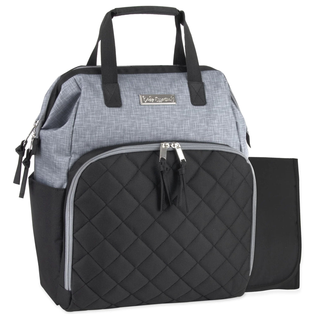 Baby Essentials Super Cooler Main Frame Dual Zipper Closure Diaper Bag Backpack Tote with Matching 6-Ply Changing Pad, Insulated Bottle Pockets and Stroller Straps in Black & Gray