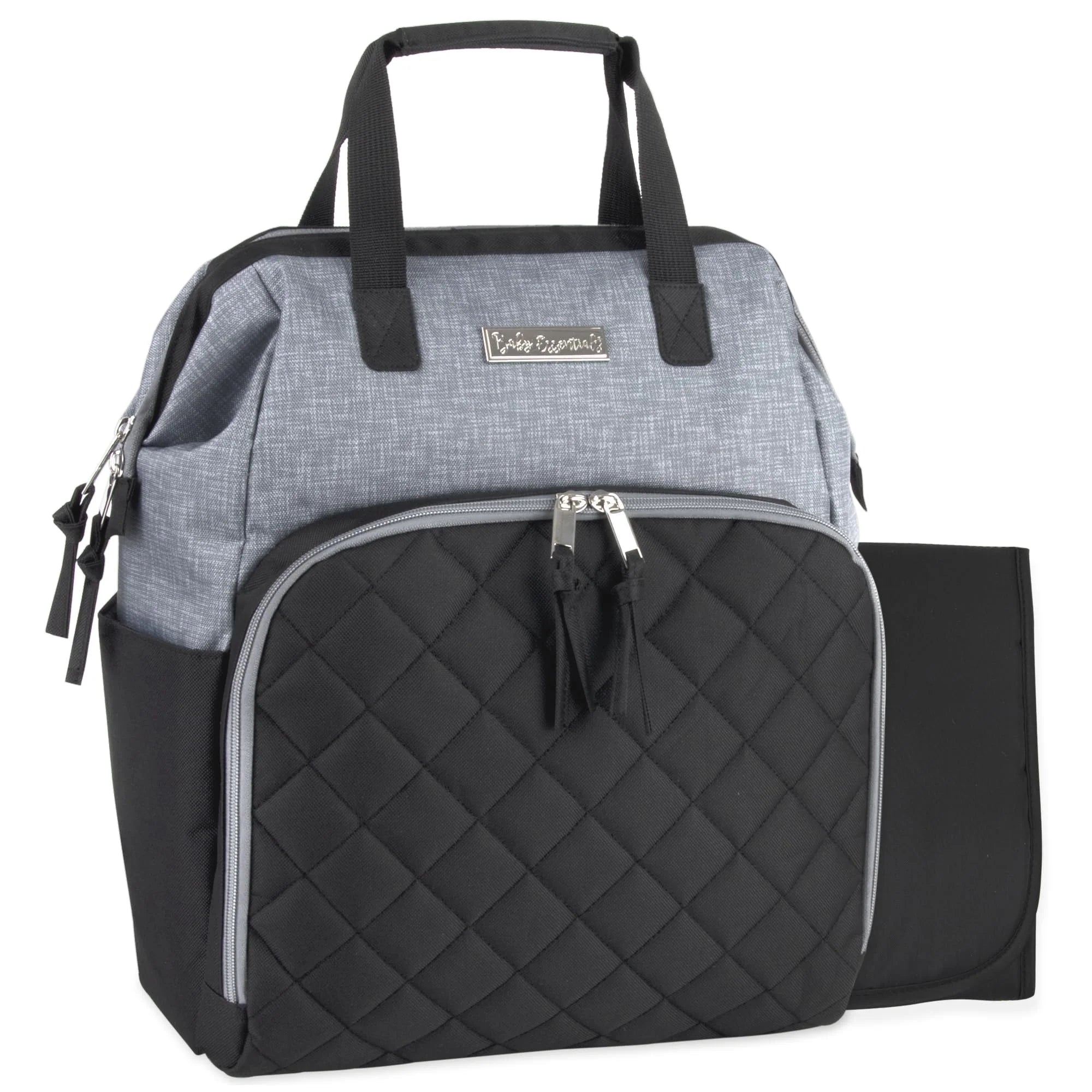 Baby Essentials Super Cooler Main Frame Dual Zipper Closure Diaper Bag Backpack Tote with Matching 6-Ply Changing Pad, Insulated Bottle Pockets and Stroller Straps in Black & Gray