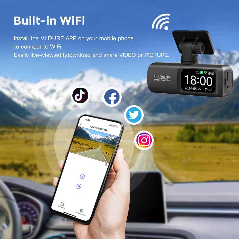 Dash Cam 4K UHD for Car Camera Front Rear Dual Lens with GPS Wifi 24H Parking Mode Night Vision Car DVR Video Registrator