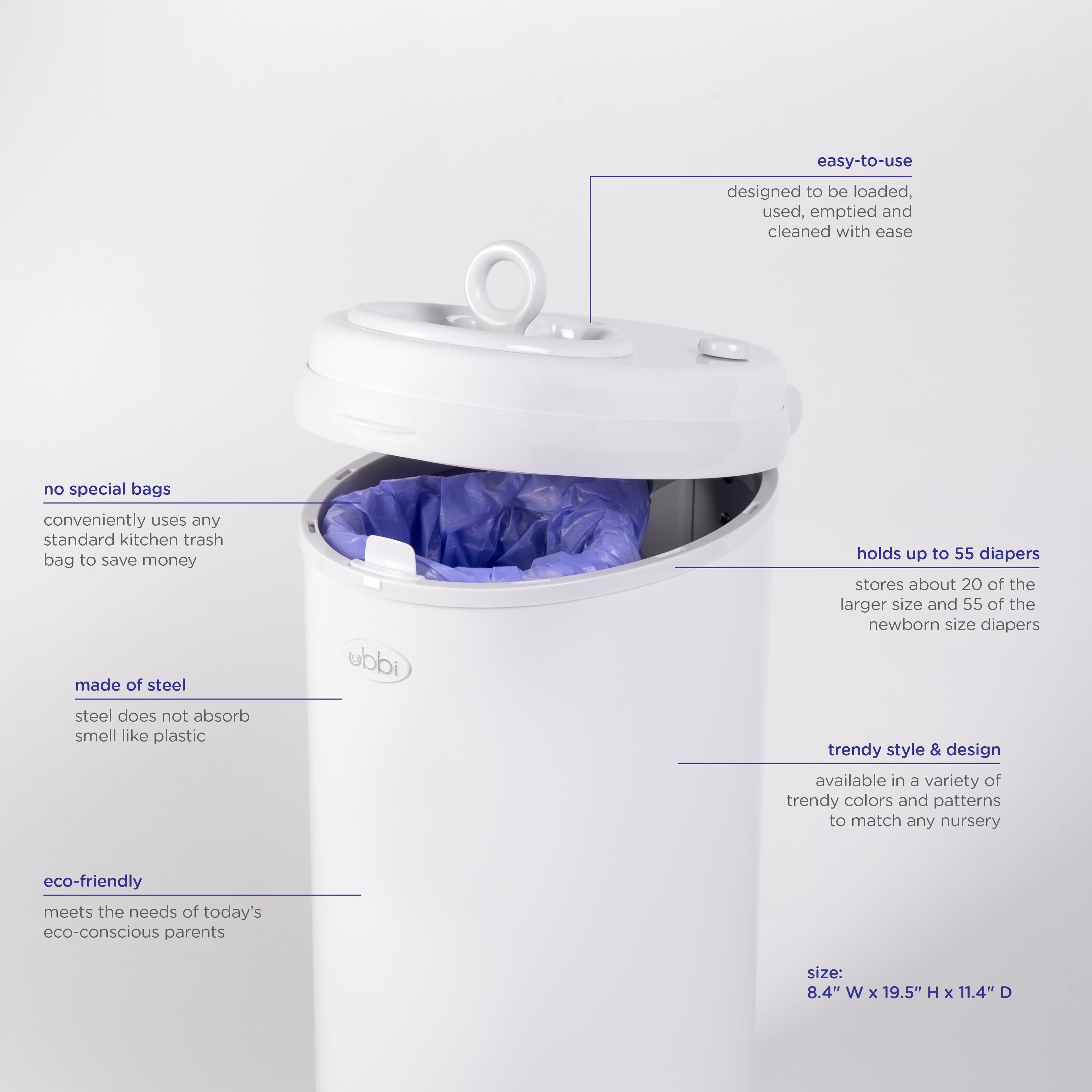 Ubbi Stainless Steel Diaper Pail, Odor Locking, No Special Bag Required, Award-Winning, Registry Must-Have, Cloudy Blue