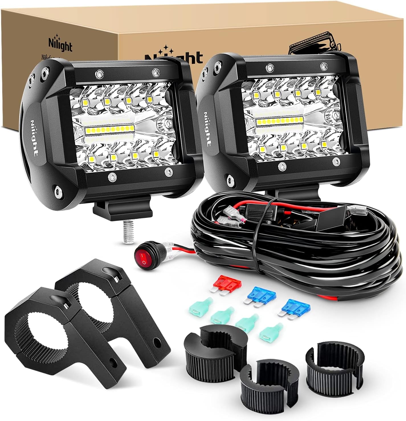 Nilight Marine LED Light Pods Navigation Lights 2PCS 4 Inch White Spot Flood Combo Ponton Boat Deck Dock Lighting for Night Fishing T-Top Stern Yacht Port Sailboat Trucks Tractors