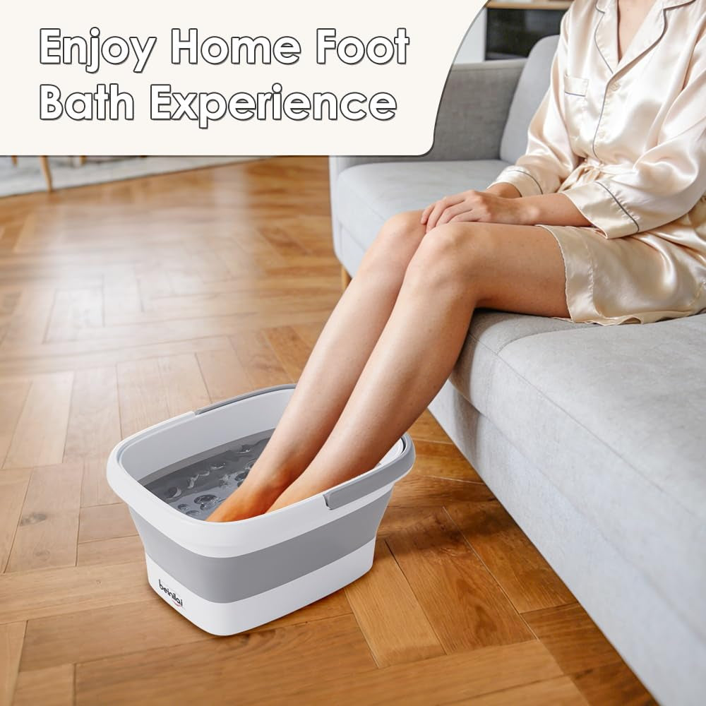 Beinilai Foldable Foot Soak Tub with Massage Acupoints - Portable Collapsible Foot Bath Basin with Handles, Perfect for Relaxation and Self-Care - Grey