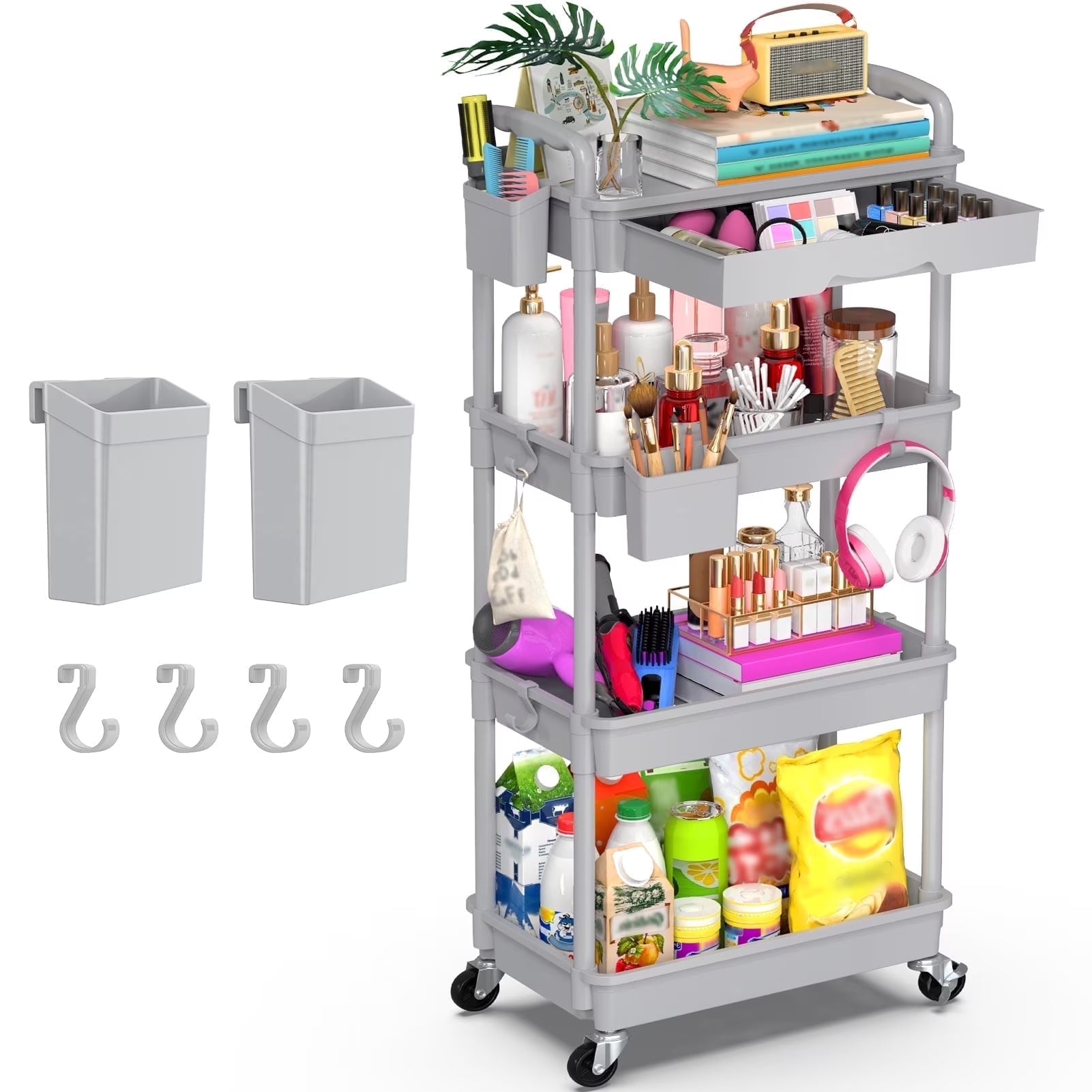 Yeabett 4 Tier Rolling Utility Cart Organizer with Removable Drawer, Mobile Storage Carts with 2 Lockable Wheels for Bathroom, Kitchen, Snack, Craft, Makeup, Baby Essentials, White