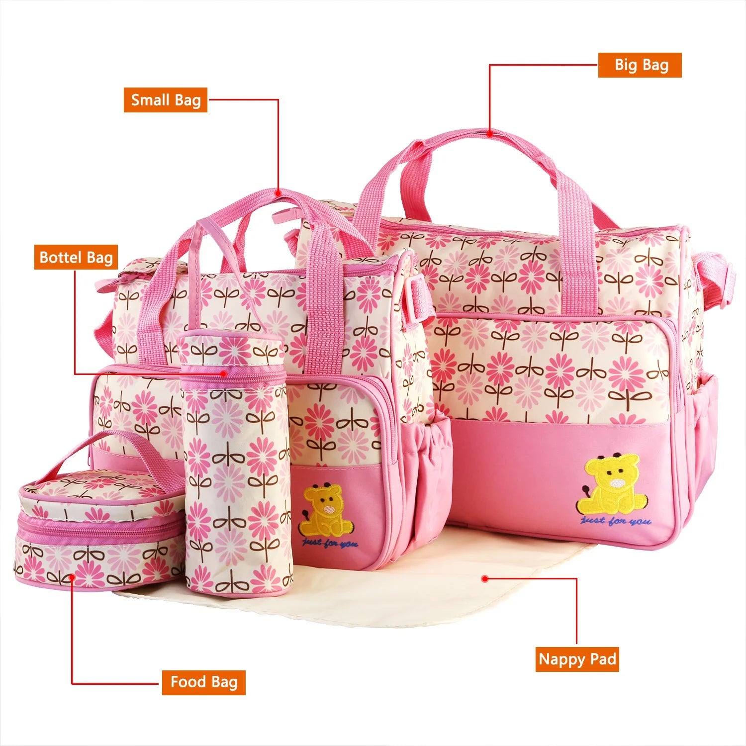 Baby Diaper Bag 5 Pcs Toddler Diaper Bag Tote Multifunction Portable Baby Bag for Boys and Girls Pink