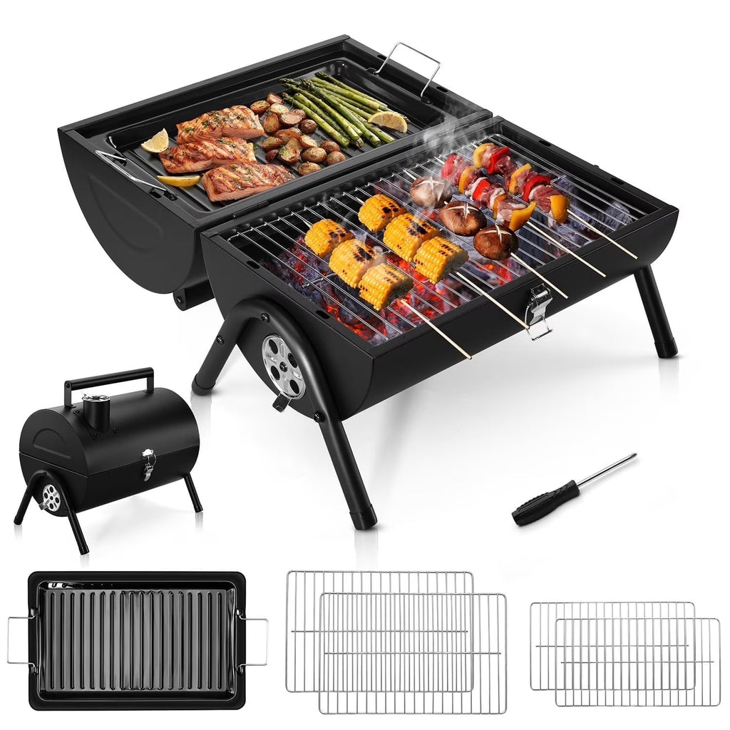 Portable Charcoal Grill, Small Tabletop Barbecue Grill with Tray, Grilling Rack, and Charcoal Rack, Suitable for Outdoor Camping Picnic Backyard Beach - Black