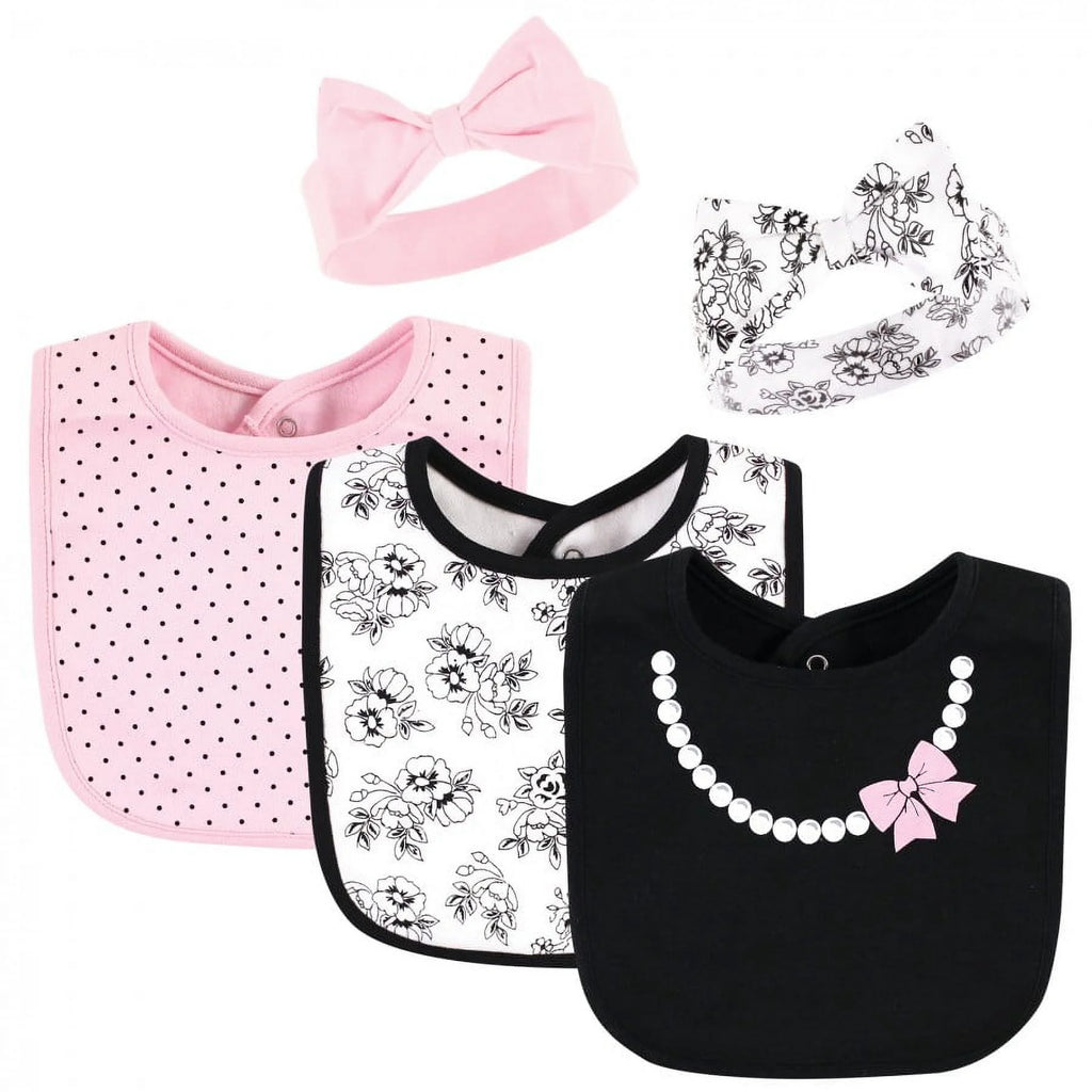 Hudson Baby Infant Girl Cotton Bib and Headband, Toile, 0-6 Months