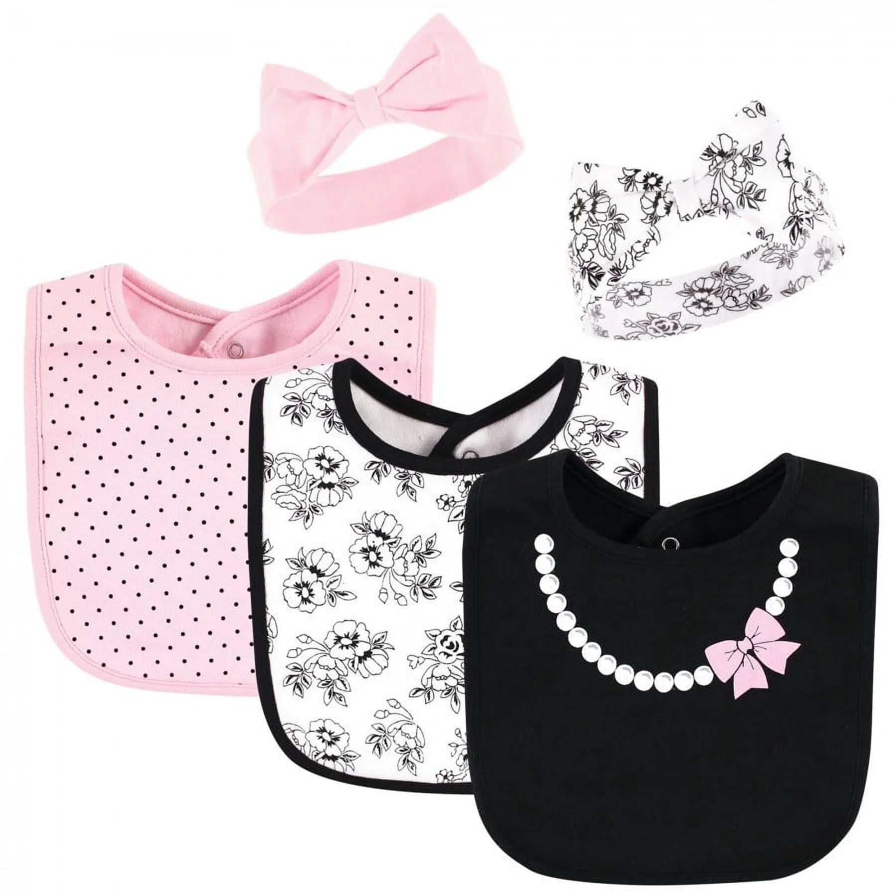 Hudson Baby Infant Girl Cotton Bib and Headband, Toile, 0-6 Months