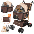 3-In-1 Pet Stroller, Foldable 4-Wheel Cat & Dog Stroller with Detachable Carrier, Canopy and Storage Basket, up to 60Lbs, Brown