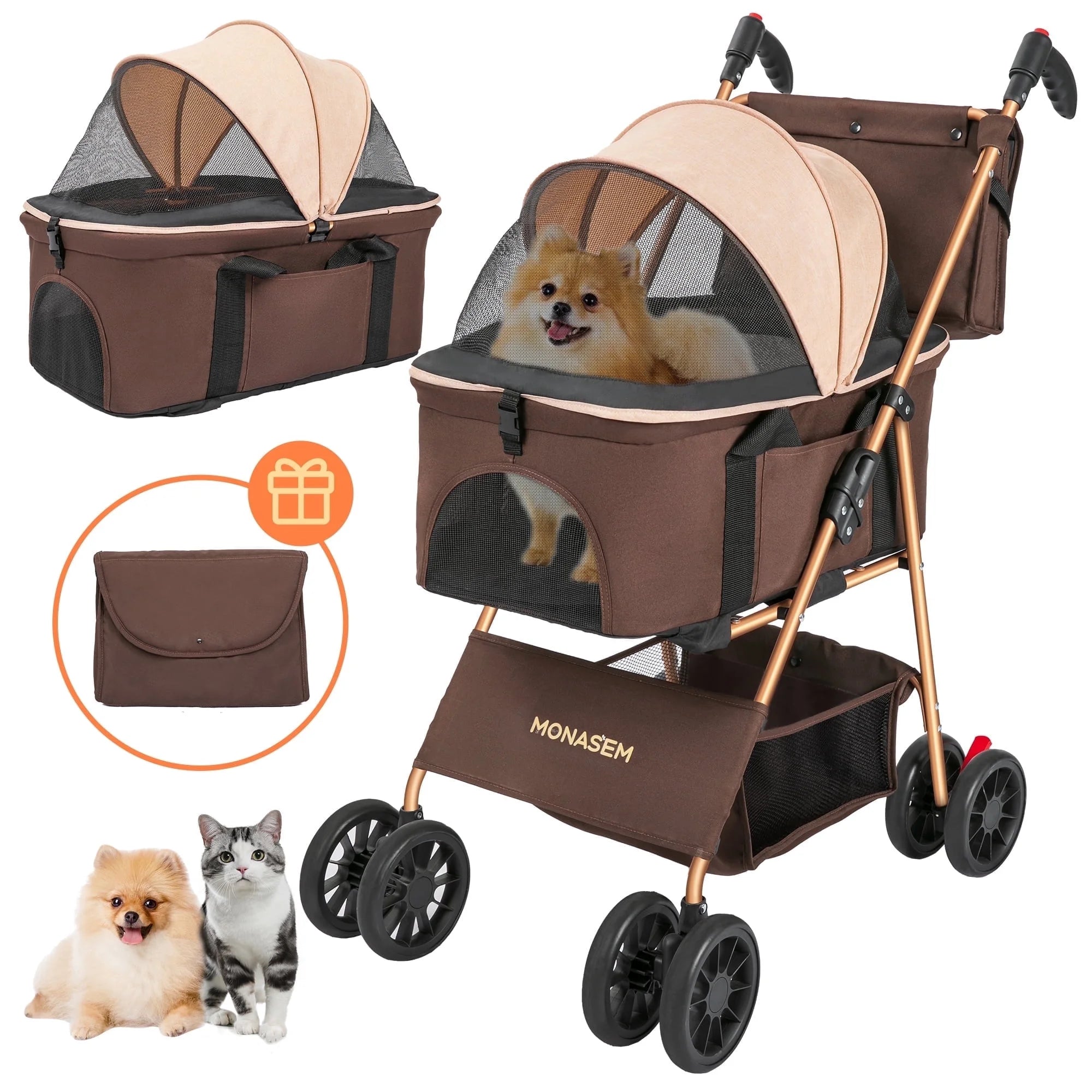 3-In-1 Pet Stroller, Foldable 4-Wheel Cat & Dog Stroller with Detachable Carrier, Canopy and Storage Basket, up to 60Lbs, Brown