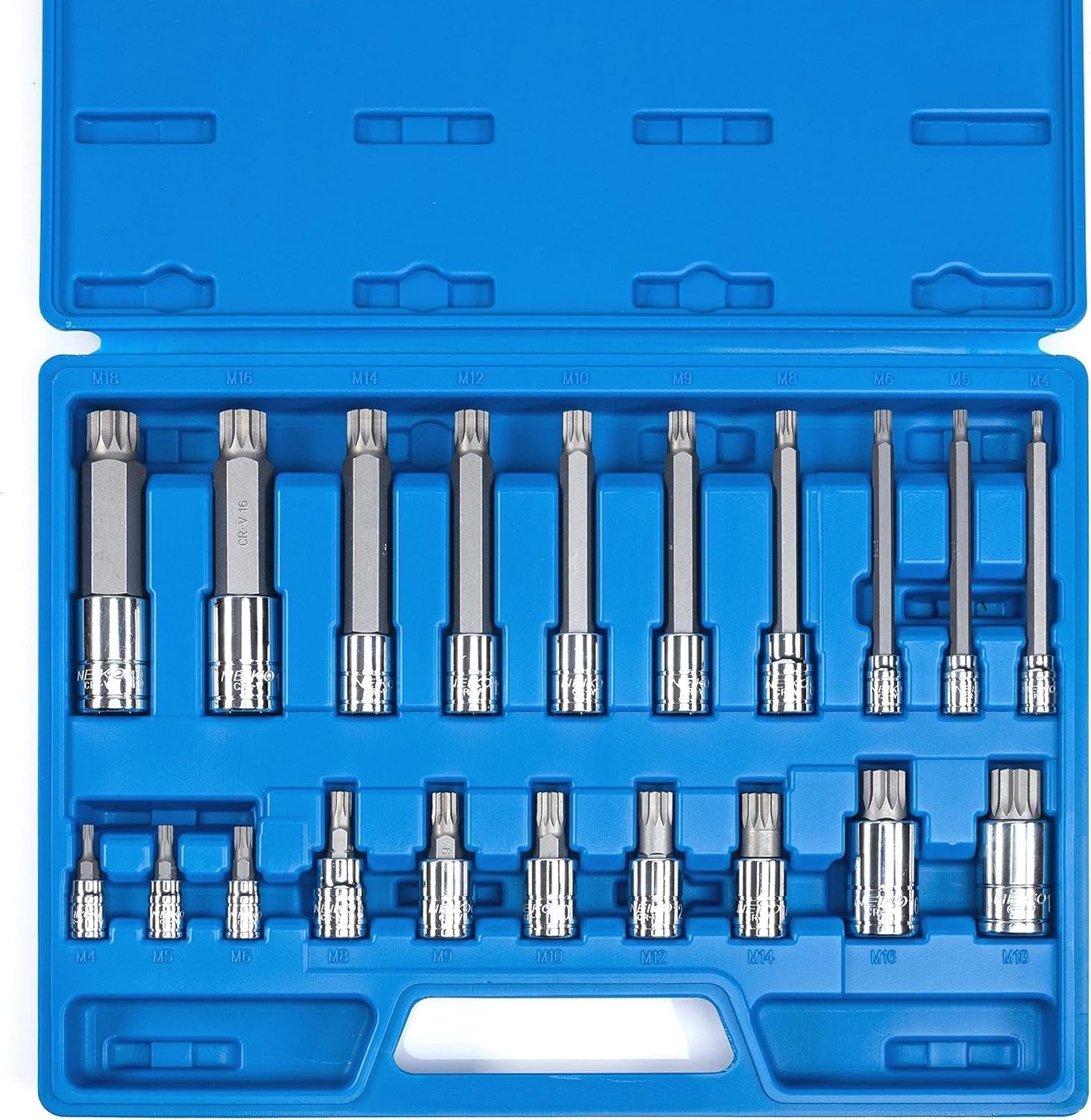 NEIKO 10054A Extra Long XZN Triple Square Spline Bit Socket Set - 10-Piece, 4" Length, 4mm to 18mm, Durable S2 and Cr-V Steel