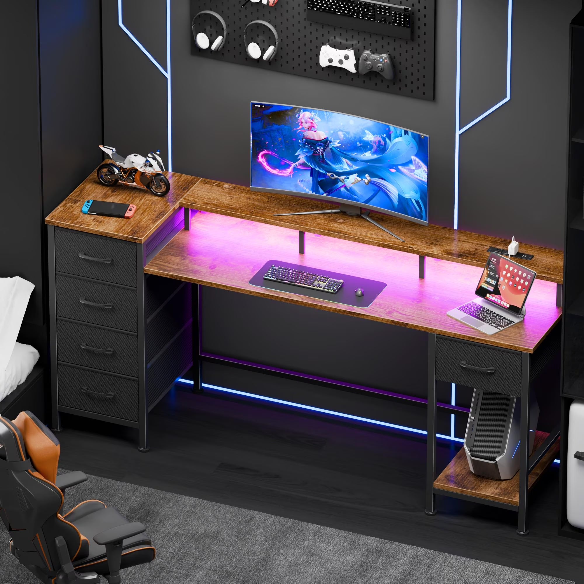 Gaming Desk with LED Lights & Power Outlets, 66" Computer Desk with 5 Fabric Drawers & Open Storage, Reversible Home Office Desk,Retro Brown