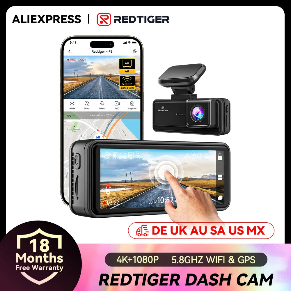 REDTIGER F8 4K+1080P 5.8G Wifi Dash Cam Front and Rear GPS Dash Camera for Cars Front Night Vision Car DVR Car Dash Camera