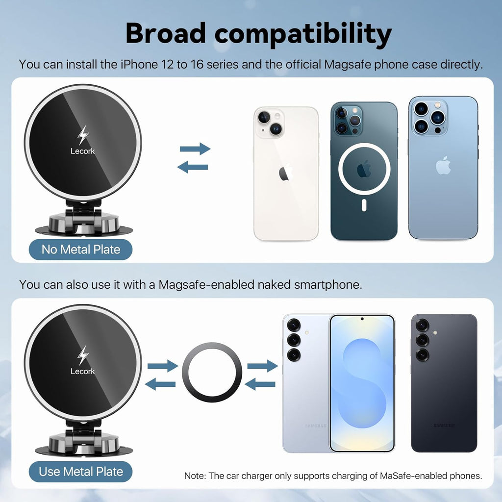 Lecork for Magsafe Car Mount Charger, 15W Magnetic Wireles Car Charger for Iphone 17 Pro Max 14 15 16 Series, Stick on Dashboard Phone Holder for Samsung S26 Ultra, Zinc Alloy Shell, Black