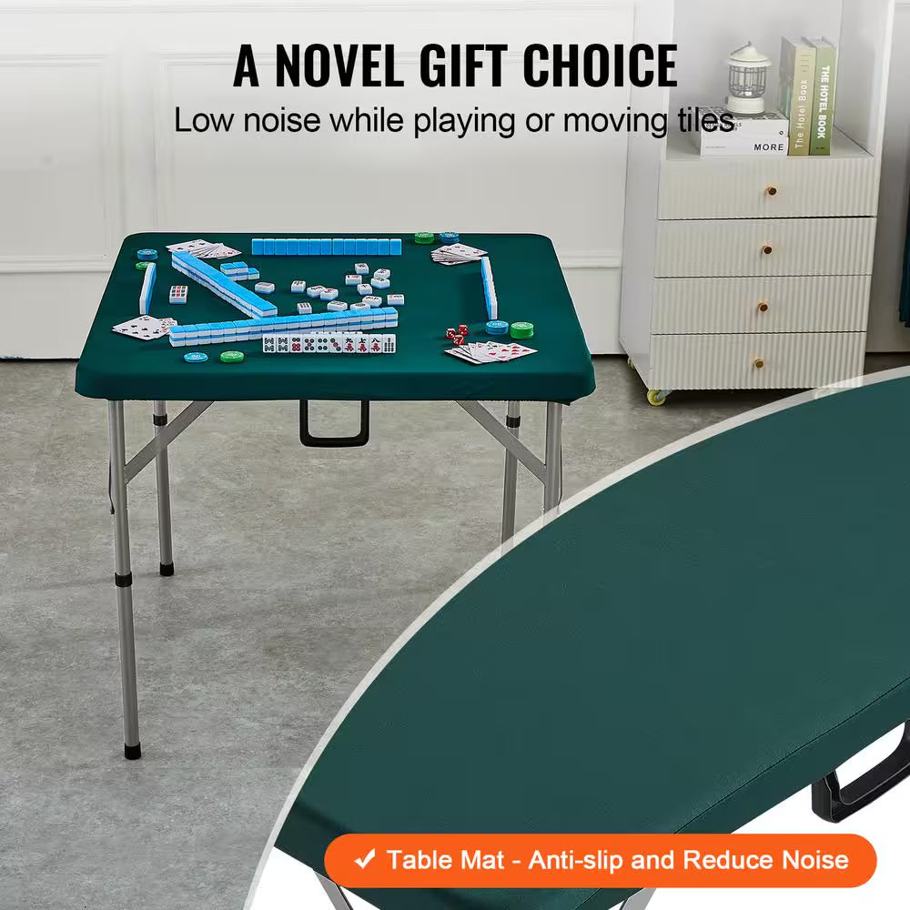 Mahjong Table Fold-In-Half 4 Player Card Table with Wear-Resistant Green Tabletop Portable Square Domino Table