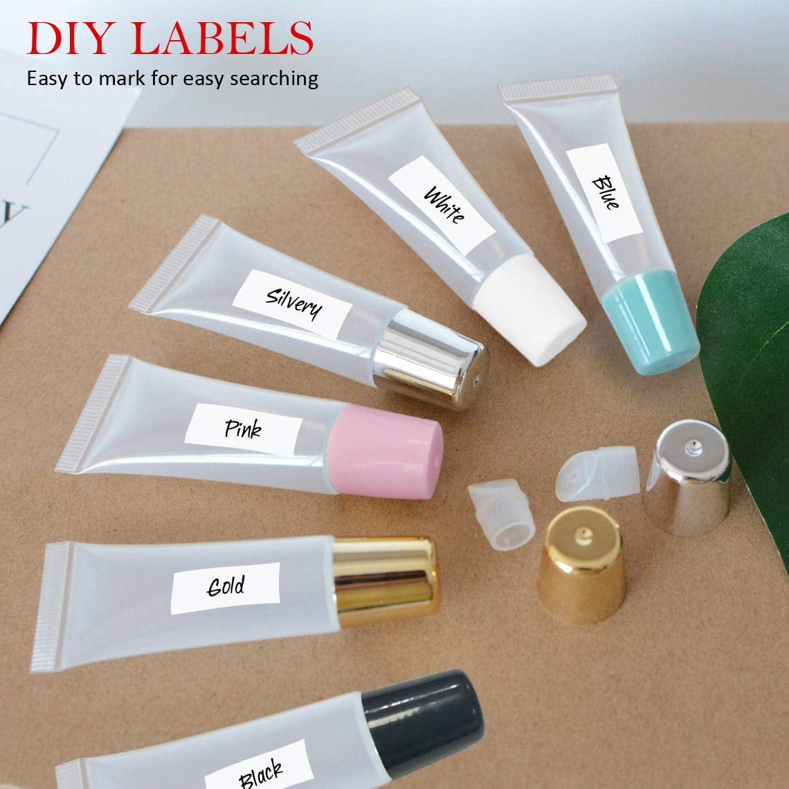AMORIX 50PCS Empty Lip Gloss Tubes with Black Caps - 20ml Containers + 2 Syringes & Labels for DIY Lip Gloss and Glitter Creations