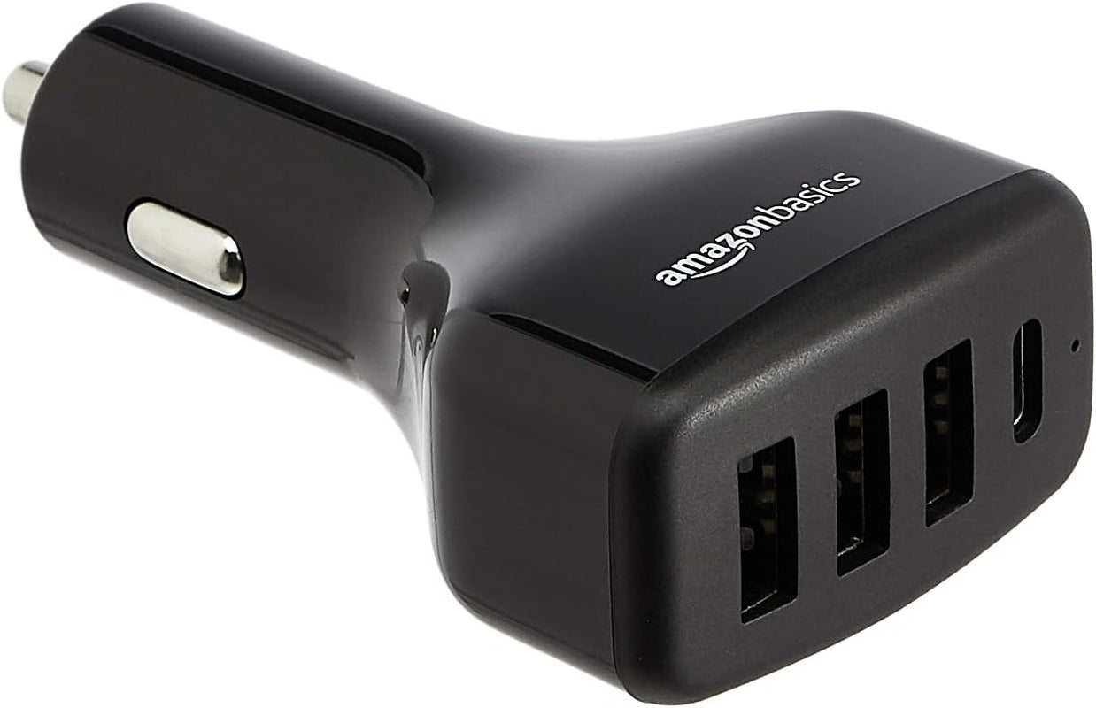 Amazon Basics 54W 4-Port USB Car Charger, with 1 USB-C (18W) Port with Power Delivery and 3 USB-A (12W) Ports - Black