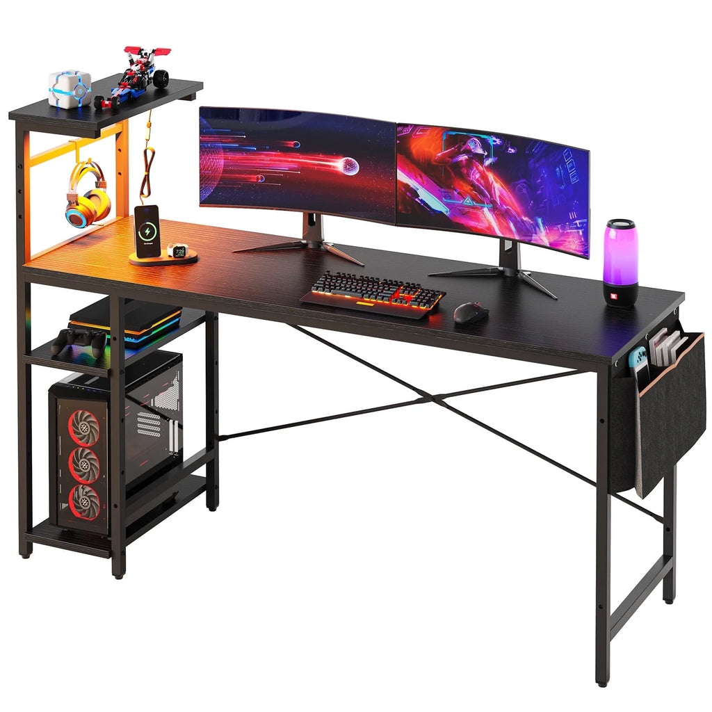 61" Reversible Gaming Desk Computer Desk with LED Lights 4 Tier Shelves Black