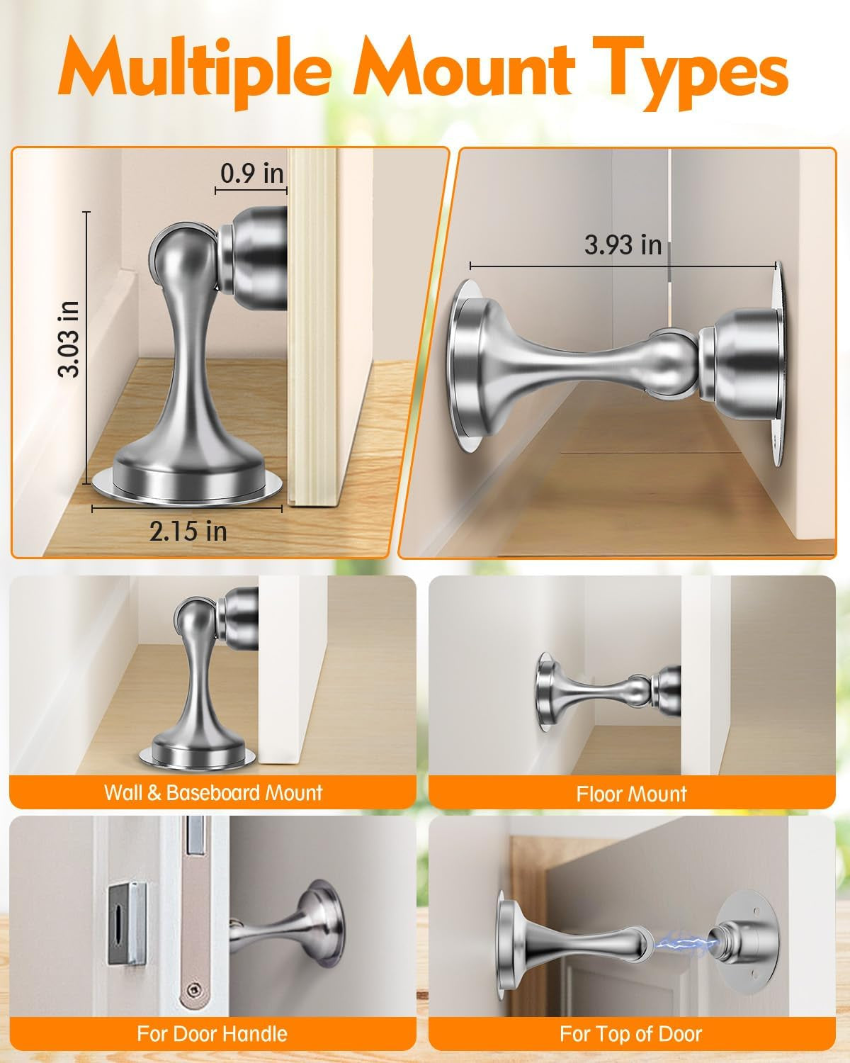 Magnetic Door Stoppers - 2 Pack Stainless Steel with No-Drill Adhesive for Strong Hold - Perfect for Wide Doors