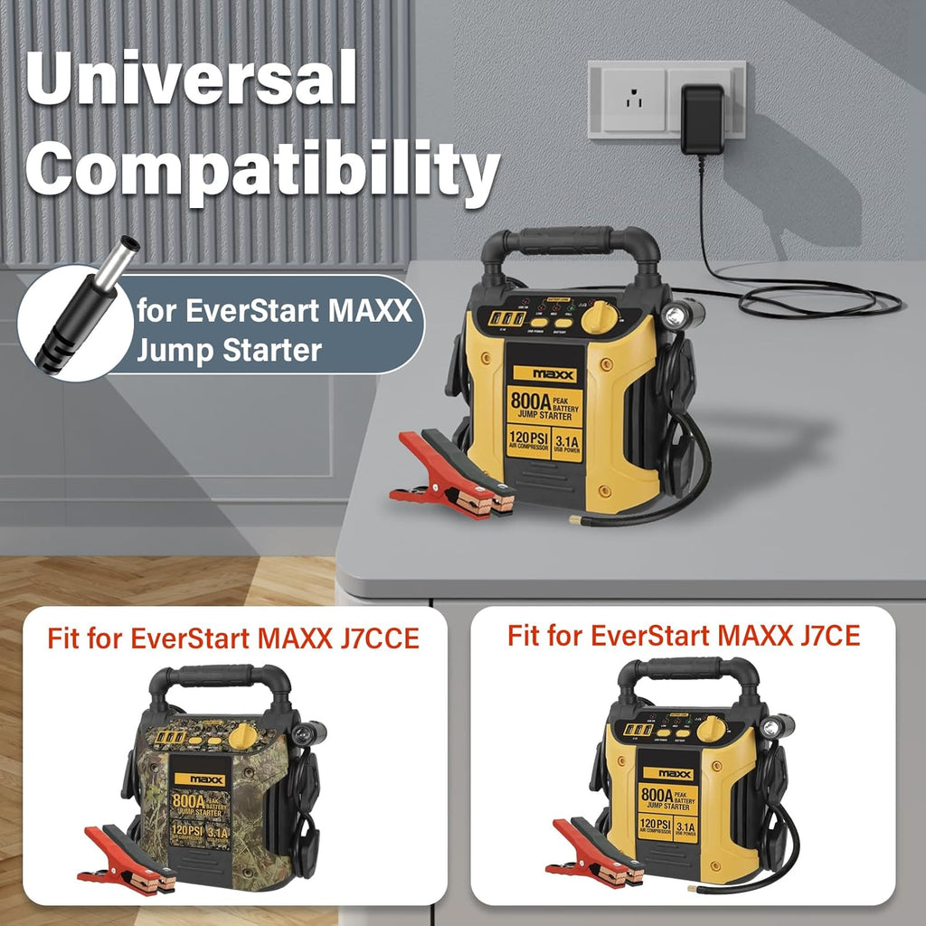 12V Jump Starter Charger for Everstart Maxx Car Camo Jump Starter, Power Cord AC Adapter for Ever Start Max J7CCE J7CE 800A 800 Peak Amp Car Camo Starter Battery with 120 PSI Compressor 3 USB Ports