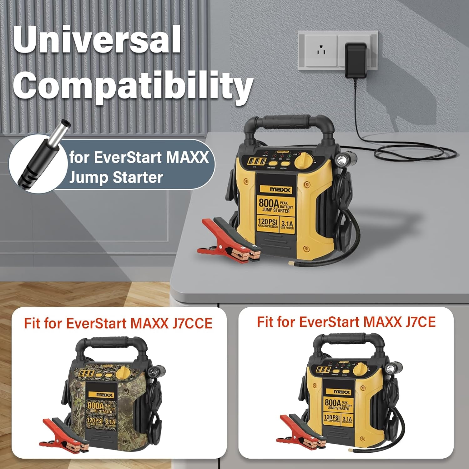 12V Jump Starter Charger for Everstart Maxx Car Camo Jump Starter, Power Cord AC Adapter for Ever Start Max J7CCE J7CE 800A 800 Peak Amp Car Camo Starter Battery with 120 PSI Compressor 3 USB Ports
