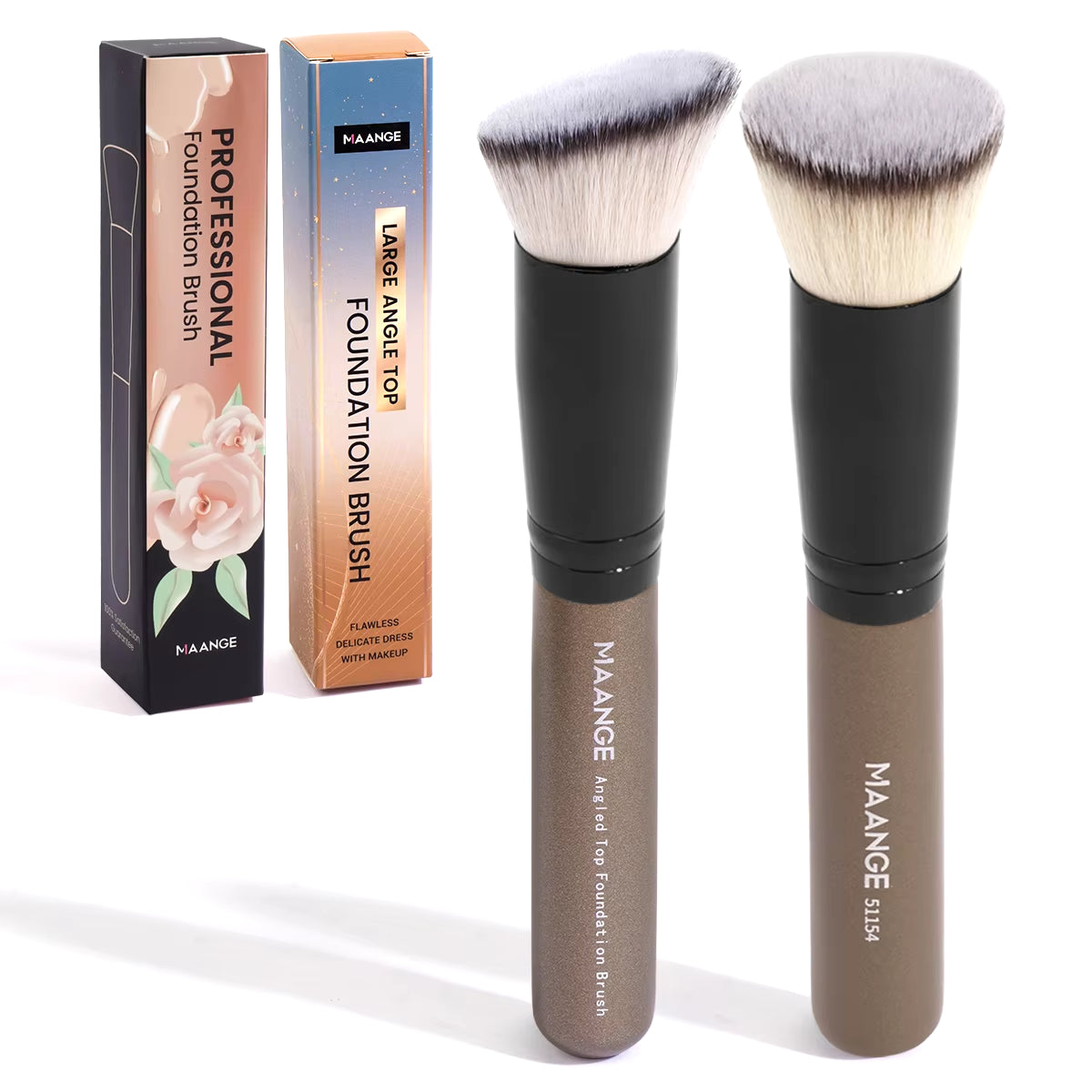 MAANGE 2PCS Foundation Makeup Brush Set Flat Angled Kabuki Powder Blush Brush for Liquid Soft Bristles Cosmetic Makeup Tools
