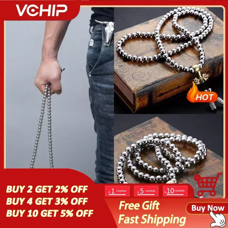 Tactical 8MM Steel Chain Buddha Beads Bracelet & Necklace - Self Defense EDC Survival Tool for Outdoor Adventures