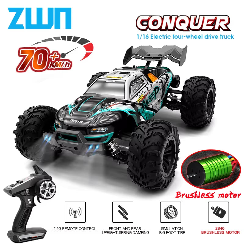 ZWN 1:16 High-Speed 4WD RC Monster Truck - 70KM/H Drift Car with LED Remote Control for Kids - Perfect Rival to Wltoys 144001